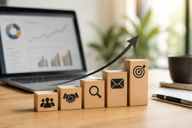 Wooden blocks representing a step-by-step path to business growth with an upward arrow