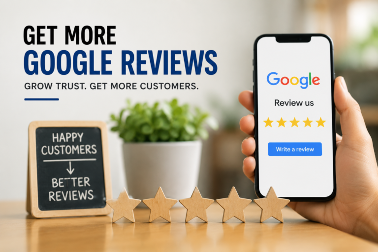 Smartphone displaying a Google review request with five stars beside a happy customer sign