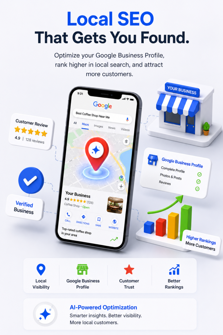 A 3D isometric graphic of a smartphone showing a Google Maps pin surrounded by 5-star review badges and local SEO growth icons.