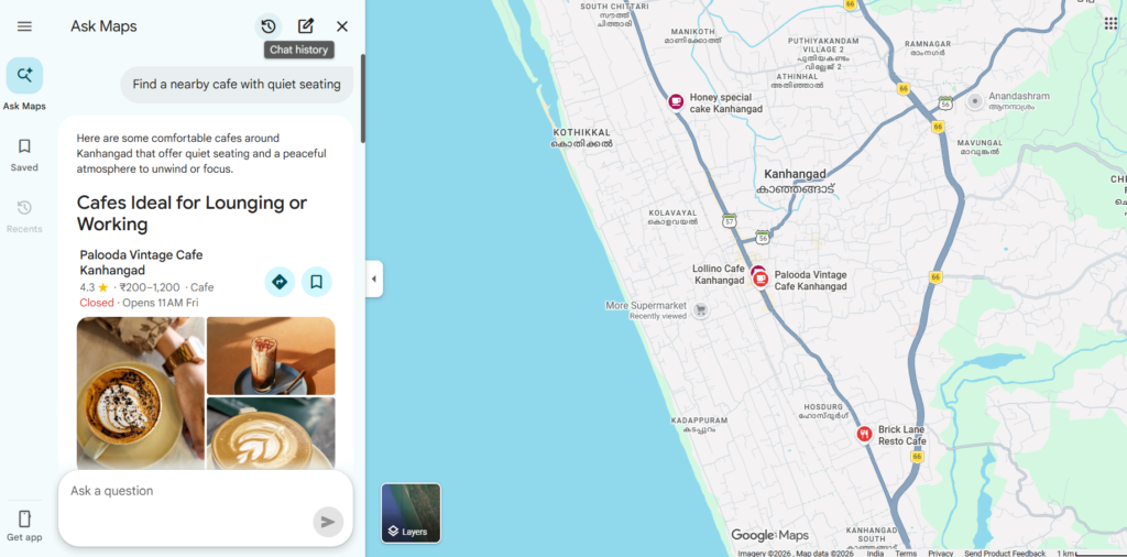 Example of Gemini-powered Ask Maps answering a conversational local search query.
